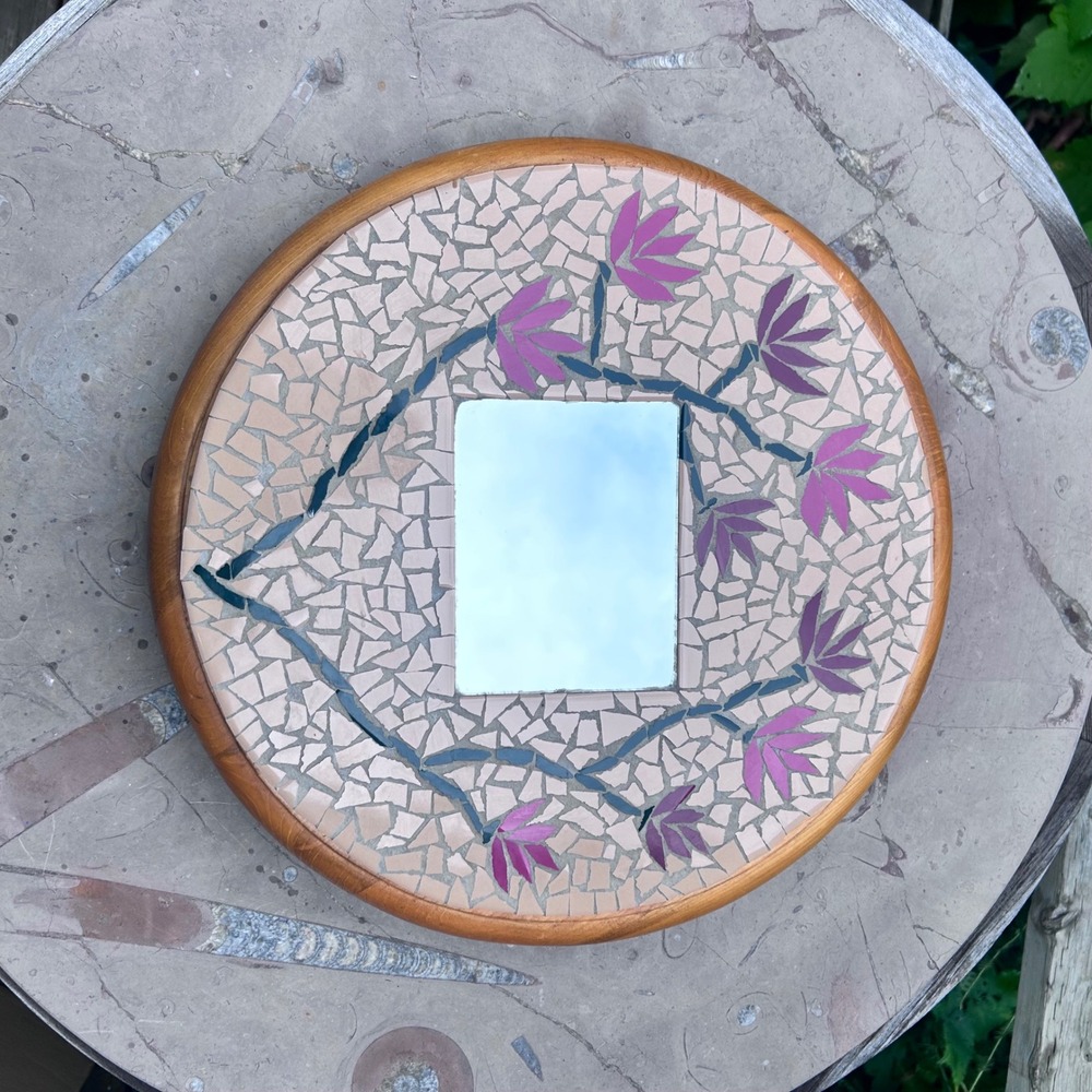 Mosaic Mirror Round Wall Art Large Purple Floral Lotus Wood Tara Passmore